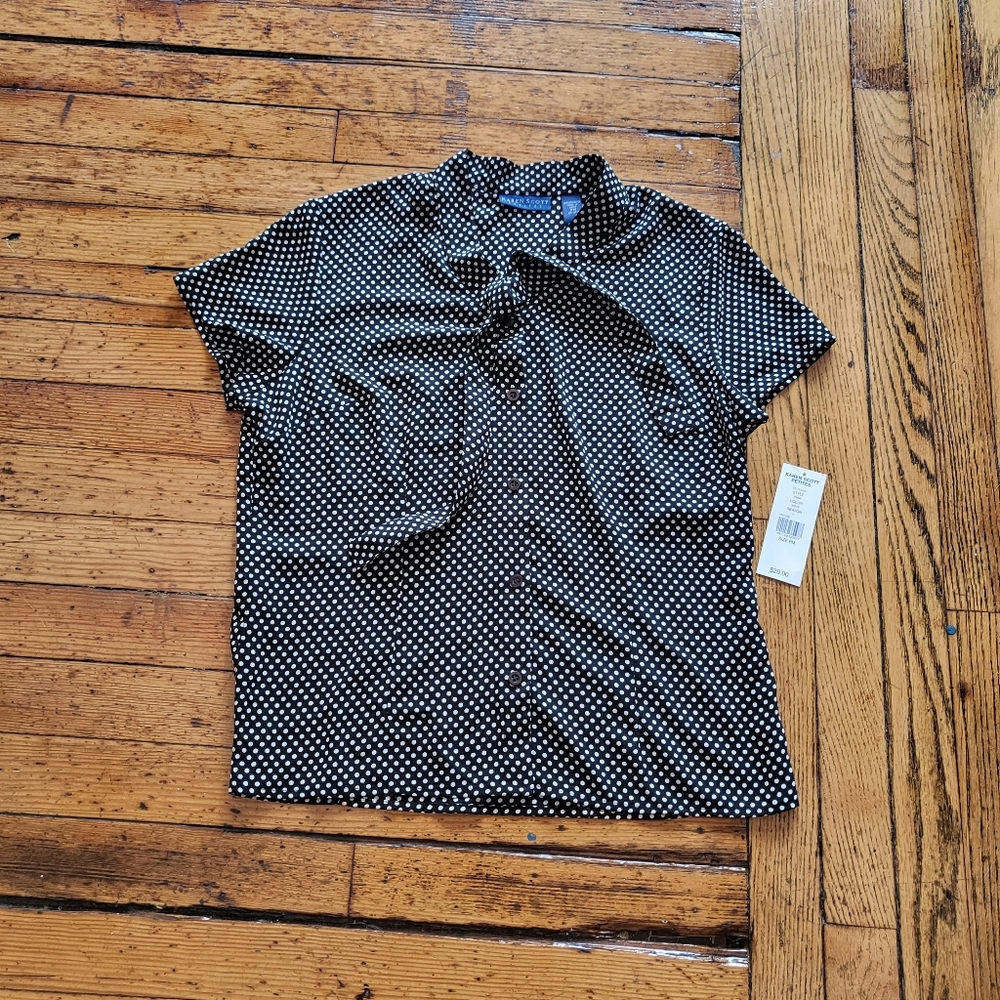 Karen Scott Button Down Short Sleeve Top Black & White Polka Dot Size PM